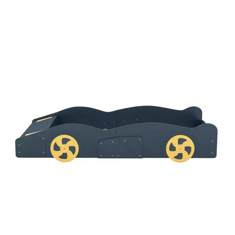 Lit plateforme en bois Bellemave en forme de voiture de course, taille double, avec roues et rangement, pour filles, garçons, adolescents, bleu foncé