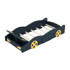 Lit plateforme en bois Bellemave en forme de voiture de course, taille double, avec roues et rangement, pour filles, garçons, adolescents, bleu foncé