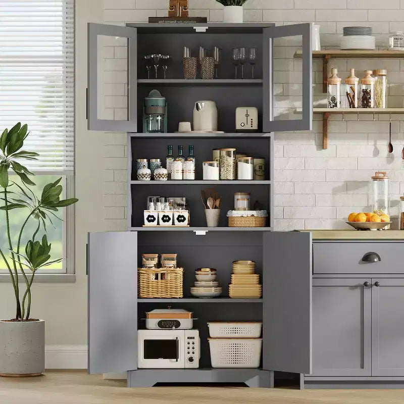 Meuble de rangement haut avec portes vitrées, Armoire de cuisine autoportante de 170 cm avec étagères réglables pour la cuisine et le salon