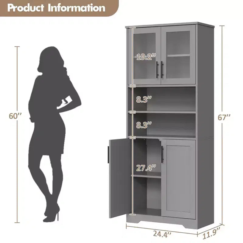 Meuble de rangement haut avec portes vitrées, Armoire de cuisine autoportante de 170 cm avec étagères réglables pour la cuisine et le salon