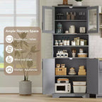 Meuble de rangement haut avec portes vitrées, Armoire de cuisine autoportante de 170 cm avec étagères réglables pour la cuisine et le salon