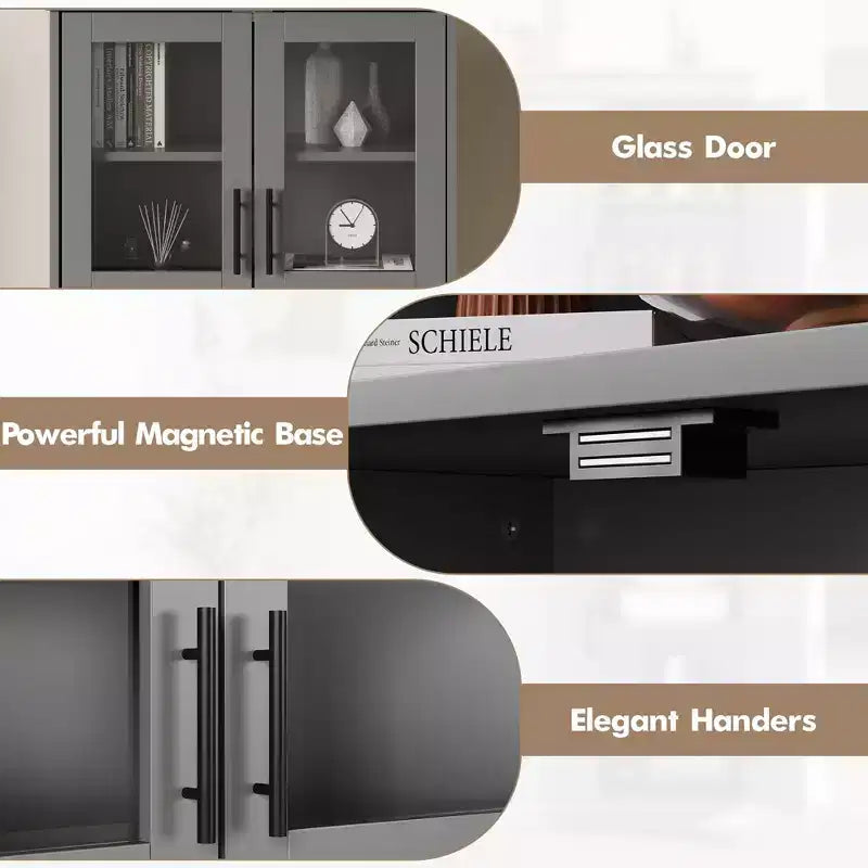 Meuble de rangement haut avec portes vitrées, Armoire de cuisine autoportante de 170 cm avec étagères réglables pour la cuisine et le salon