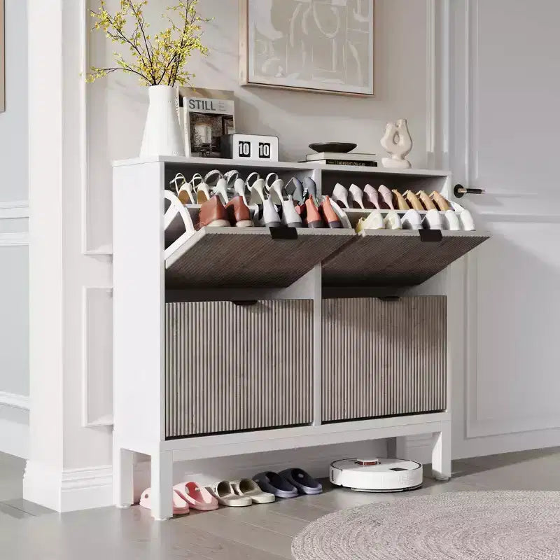 Meuble à chaussures TruAIR à 4 tiroirs - Organisateur d'entrée étroit autoportant avec pieds en métal pour couloir/vestibule
