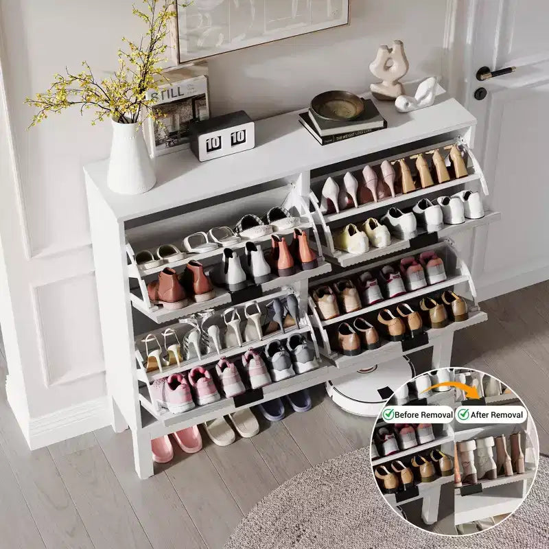 Meuble à chaussures TruAIR à 4 tiroirs - Organisateur d'entrée étroit autoportant avec pieds en métal pour couloir/vestibule