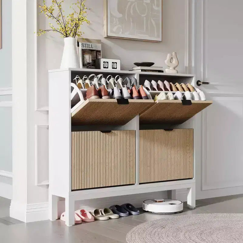 Meuble à chaussures TruAIR à 4 tiroirs - Organisateur d'entrée étroit autoportant avec pieds en métal pour couloir/vestibule