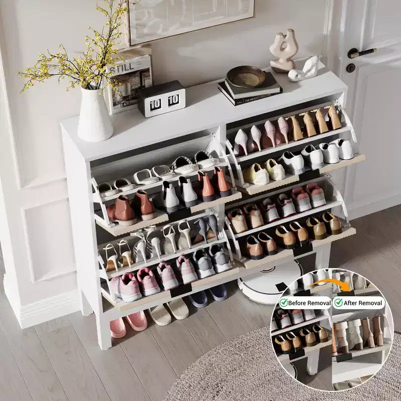 Meuble à chaussures TruAIR à 4 tiroirs - Organisateur d'entrée étroit autoportant avec pieds en métal pour couloir/vestibule