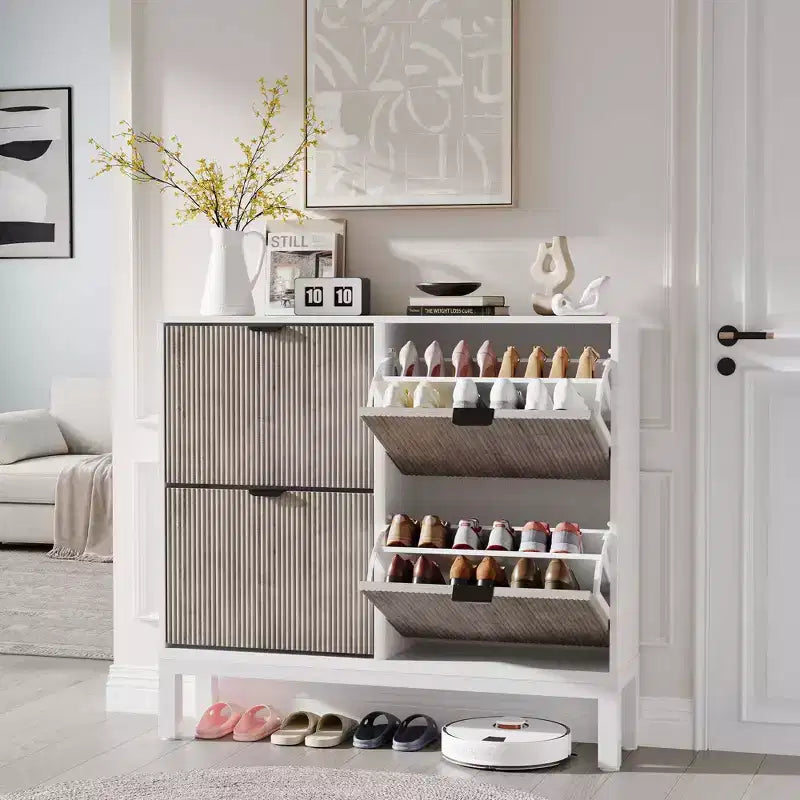 Meuble à chaussures TruAIR à 4 tiroirs - Organisateur d'entrée étroit autoportant avec pieds en métal pour couloir/vestibule
