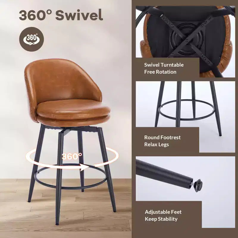 TruAIR Lot de 2 tabourets de bar 26 po - Tabourets de comptoir pivotants modernes avec dossier et cuir synthétique pour îlot de cuisine