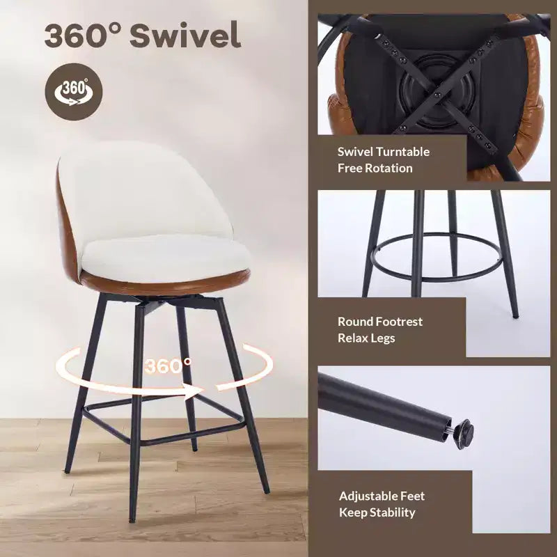 TruAIR Lot de 2 tabourets de bar 26 po - Tabourets de comptoir pivotants modernes avec dossier et cuir synthétique pour îlot de cuisine