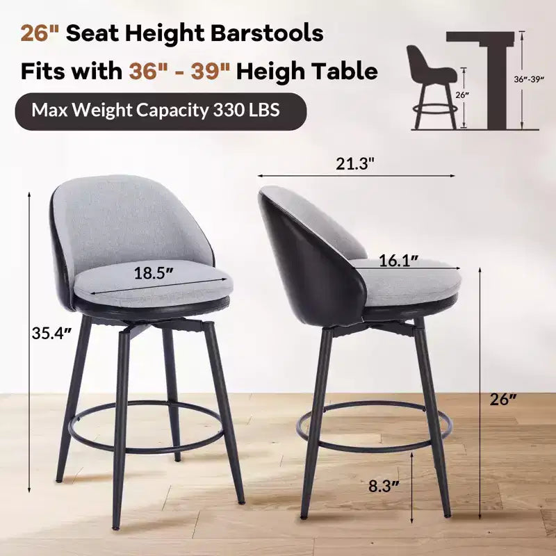 TruAIR Lot de 2 tabourets de bar 26 po - Tabourets de comptoir pivotants modernes avec dossier et cuir synthétique pour îlot de cuisine