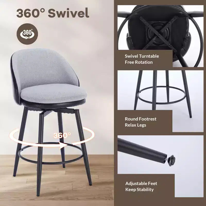 TruAIR Lot de 2 tabourets de bar 26 po - Tabourets de comptoir pivotants modernes avec dossier et cuir synthétique pour îlot de cuisine