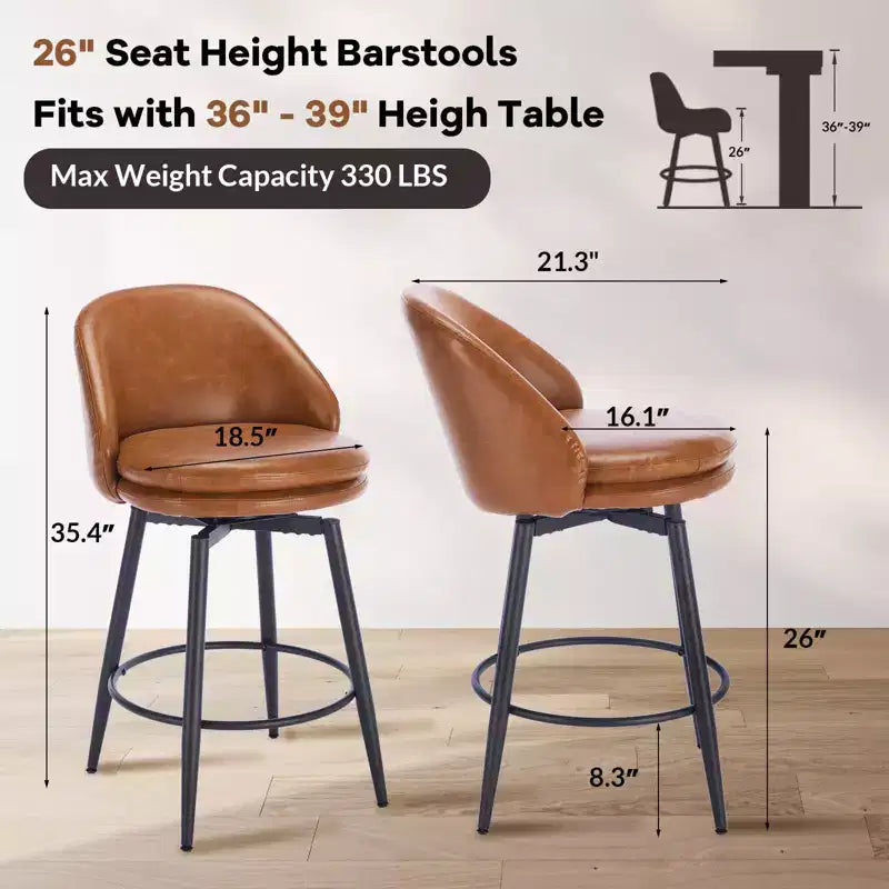 TruAIR Lot de 2 tabourets de bar 26 po - Tabourets de comptoir pivotants modernes avec dossier et cuir synthétique pour îlot de cuisine