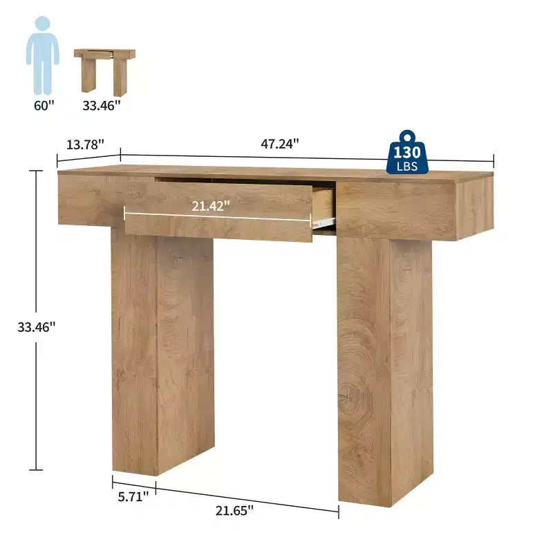 Table console de 120 cm avec tiroir, Table de canapé rectangulaire en bois derrière le canapé, Tables d'entrée industrielles de style ferme pour couloir