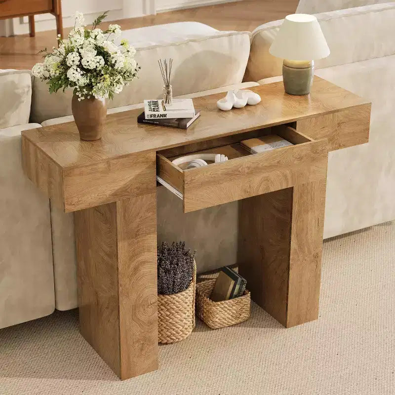 Table console de 120 cm avec tiroir, Table de canapé rectangulaire en bois derrière le canapé, Tables d'entrée industrielles de style ferme pour couloir