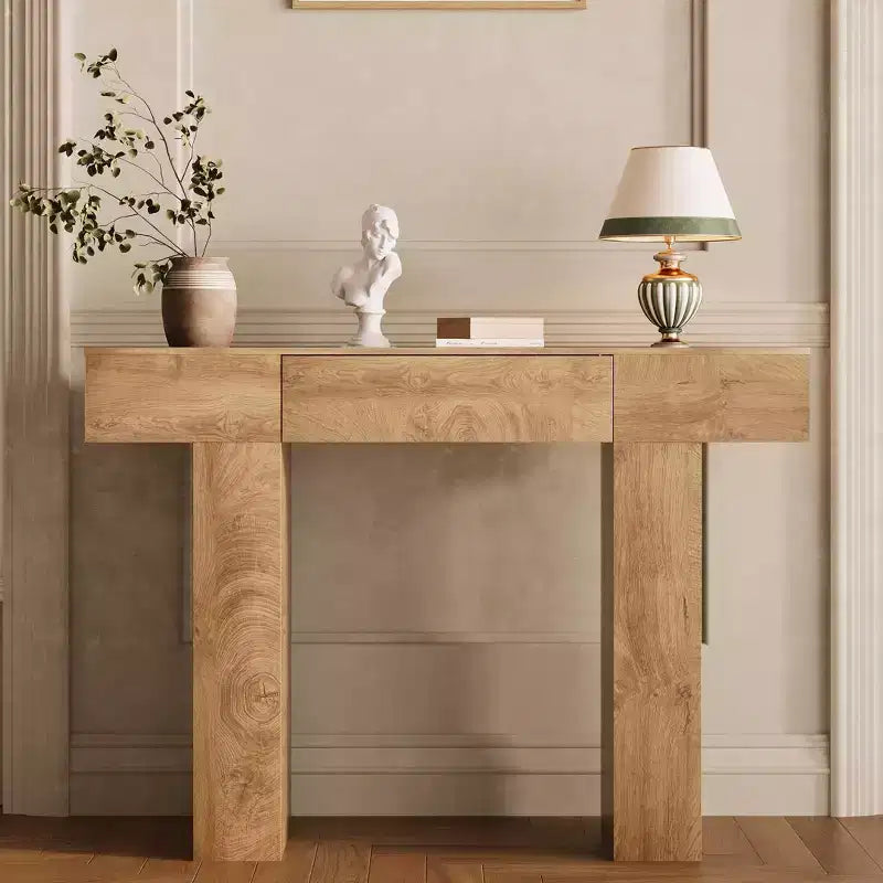Table console de 120 cm avec tiroir, Table de canapé rectangulaire en bois derrière le canapé, Tables d'entrée industrielles de style ferme pour couloir