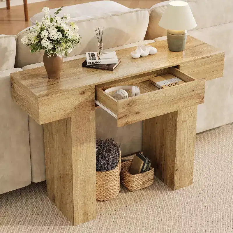 Table console de 120 cm avec tiroir, Table de canapé rectangulaire en bois derrière le canapé, Tables d'entrée industrielles de style ferme pour couloir