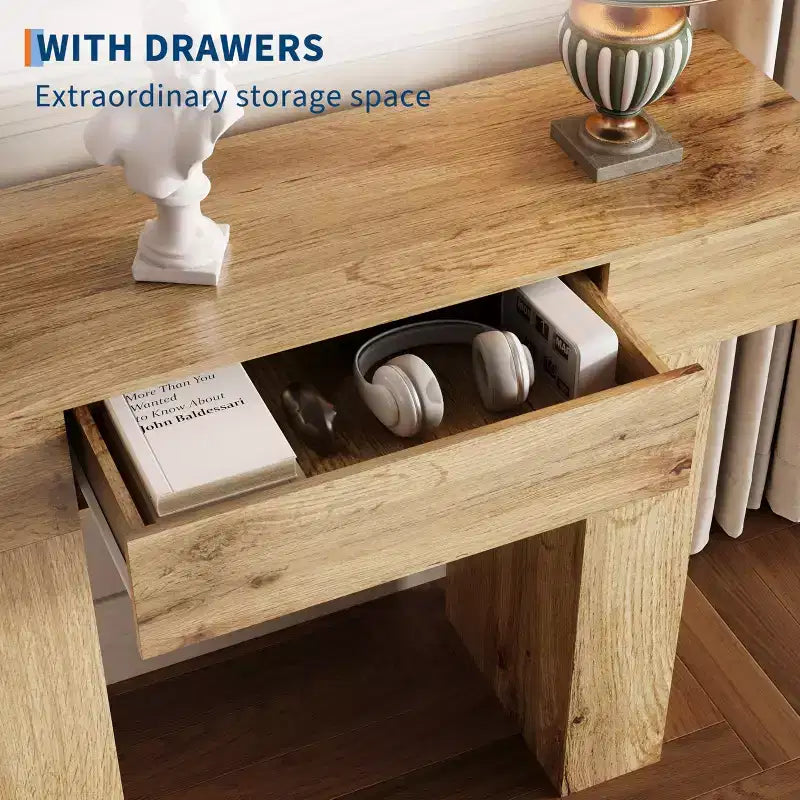 Table console de 120 cm avec tiroir, Table de canapé rectangulaire en bois derrière le canapé, Tables d'entrée industrielles de style ferme pour couloir