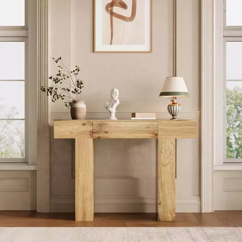 Table console de 120 cm avec tiroir, Table de canapé rectangulaire en bois derrière le canapé, Tables d'entrée industrielles de style ferme pour couloir