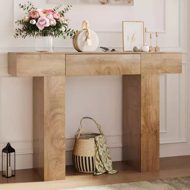Table console de 120 cm avec tiroir, Table de canapé rectangulaire en bois derrière le canapé, Tables d'entrée industrielles de style ferme pour couloir
