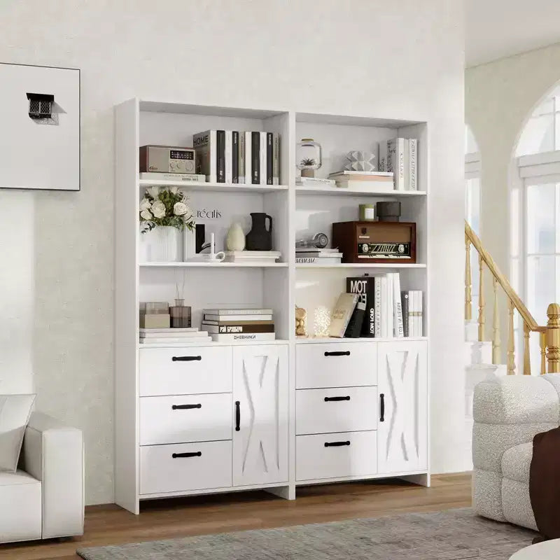 Bibliothèque à 6 niveaux avec porte et 3 tiroirs, bibliothèque de 180 cm de haut avec 3 étagères ouvertes, bibliothèque en bois avec armoire de rangement pour bureau à domicile, salon