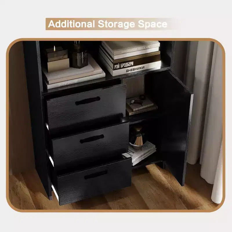 Bibliothèque à 6 niveaux avec porte et 3 tiroirs, bibliothèque de 180 cm de haut avec 3 étagères ouvertes, bibliothèque en bois avec armoire de rangement pour bureau à domicile, salon