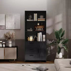 Bibliothèque à 6 niveaux avec porte et 3 tiroirs, bibliothèque de 180 cm de haut avec 3 étagères ouvertes, bibliothèque en bois avec armoire de rangement pour bureau à domicile, salon