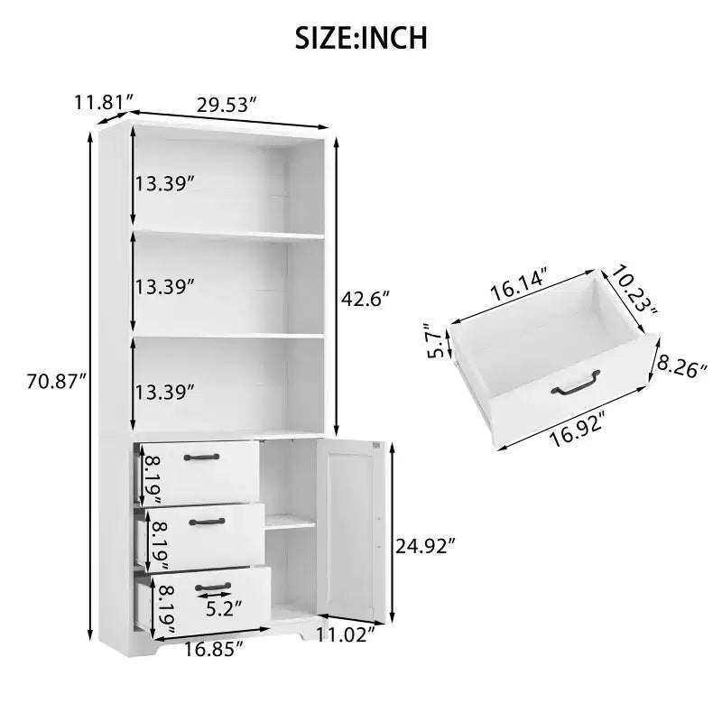 Bibliothèque à 6 niveaux avec porte et 3 tiroirs, bibliothèque de 180 cm de haut avec 3 étagères ouvertes, bibliothèque en bois avec armoire de rangement pour bureau à domicile, salon