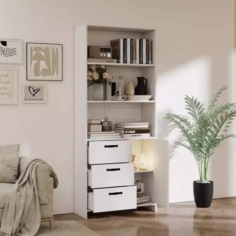 Bibliothèque à 6 niveaux avec porte et 3 tiroirs, bibliothèque de 180 cm de haut avec 3 étagères ouvertes, bibliothèque en bois avec armoire de rangement pour bureau à domicile, salon
