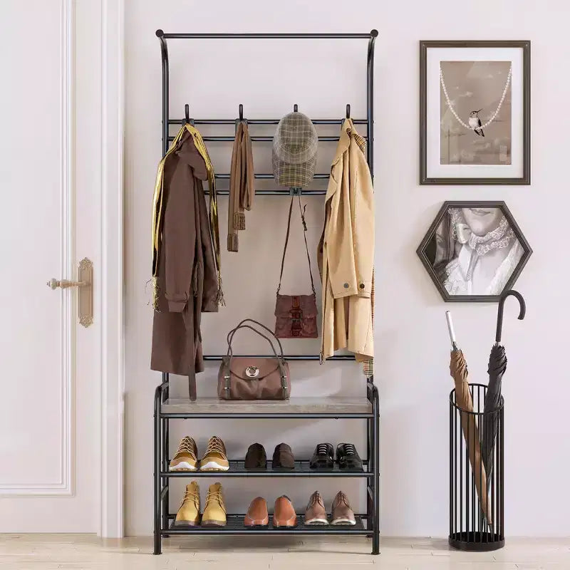 Banc à chaussures porte-manteau 4 en 1 avec 8 patères pour les petits espaces
