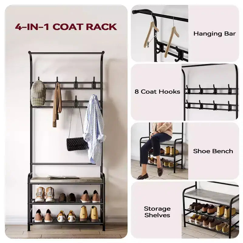 Banc à chaussures porte-manteau 4 en 1 avec 8 patères pour les petits espaces