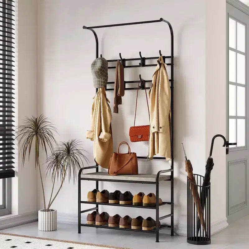 Banc à chaussures porte-manteau 4 en 1 avec 8 patères pour les petits espaces