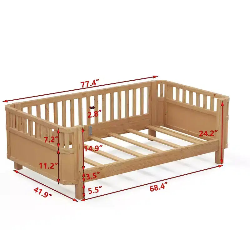 Lit plateforme double Whisen avec barrières pour filles et garçons, cadre en bois robuste