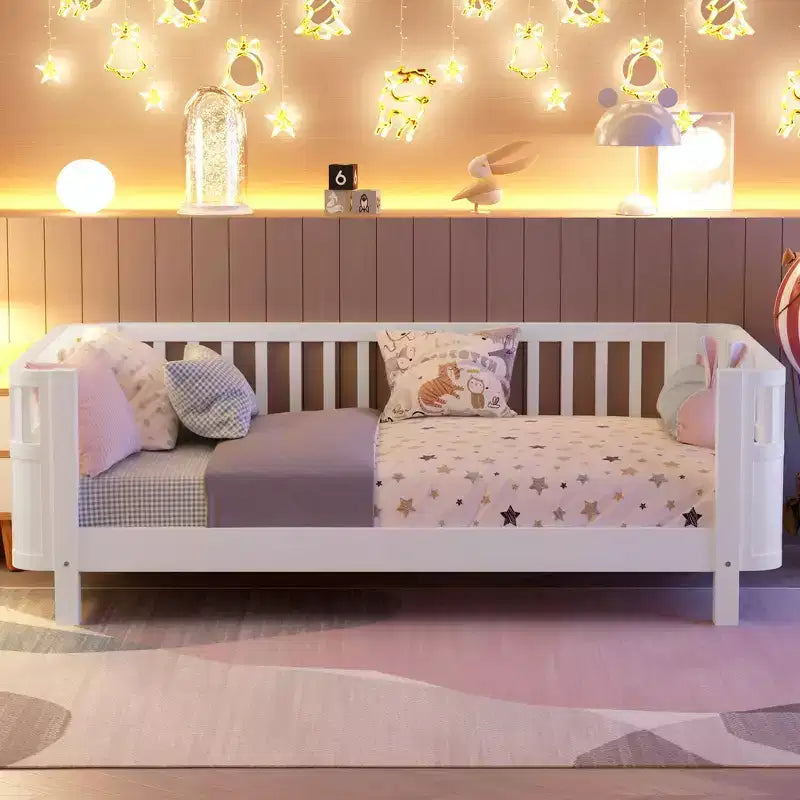 Lit plateforme double Whisen avec barrières pour filles et garçons, cadre en bois robuste