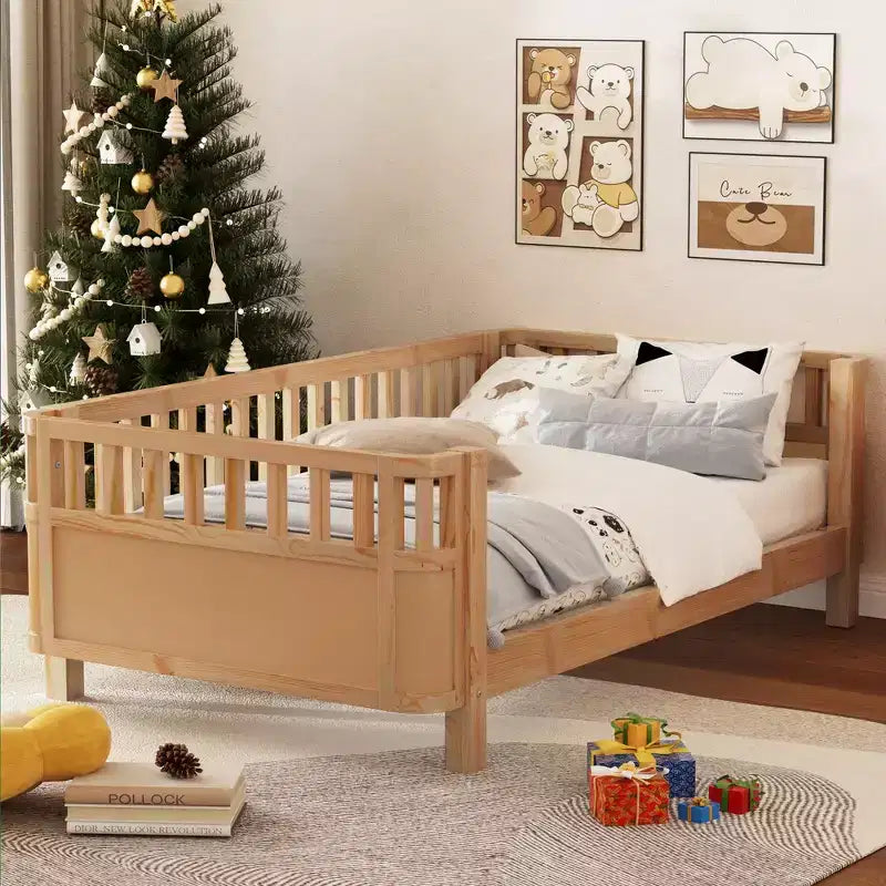 Lit plateforme double Whisen avec barrières pour filles et garçons, cadre en bois robuste