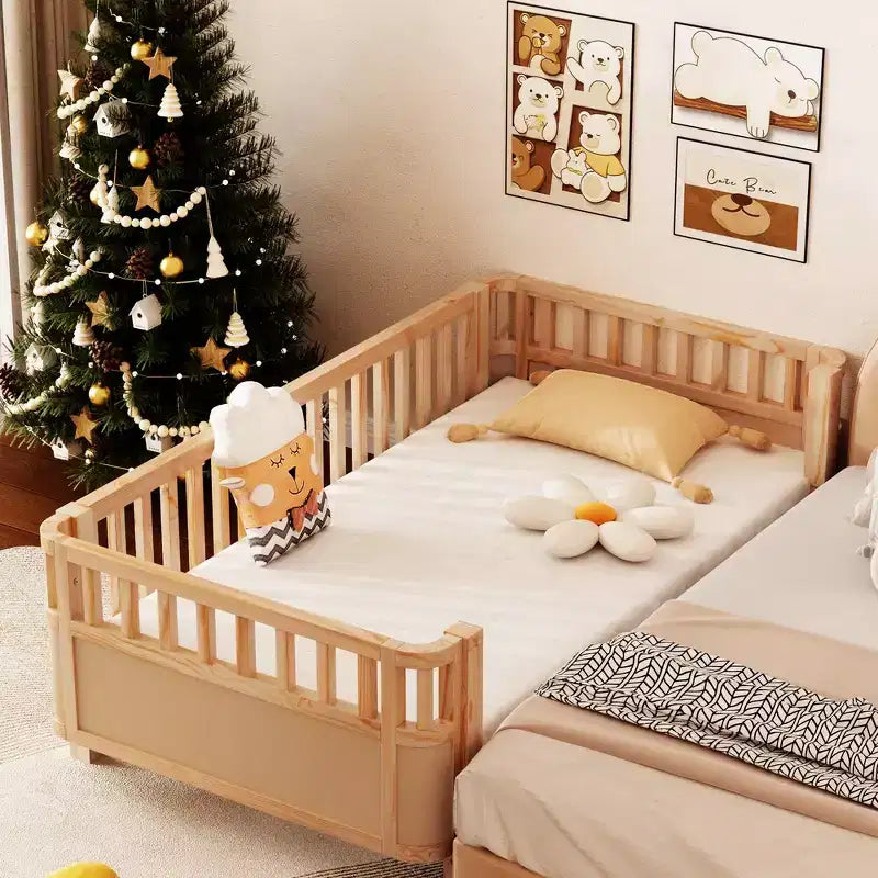 Lit plateforme double Whisen avec barrières pour filles et garçons, cadre en bois robuste