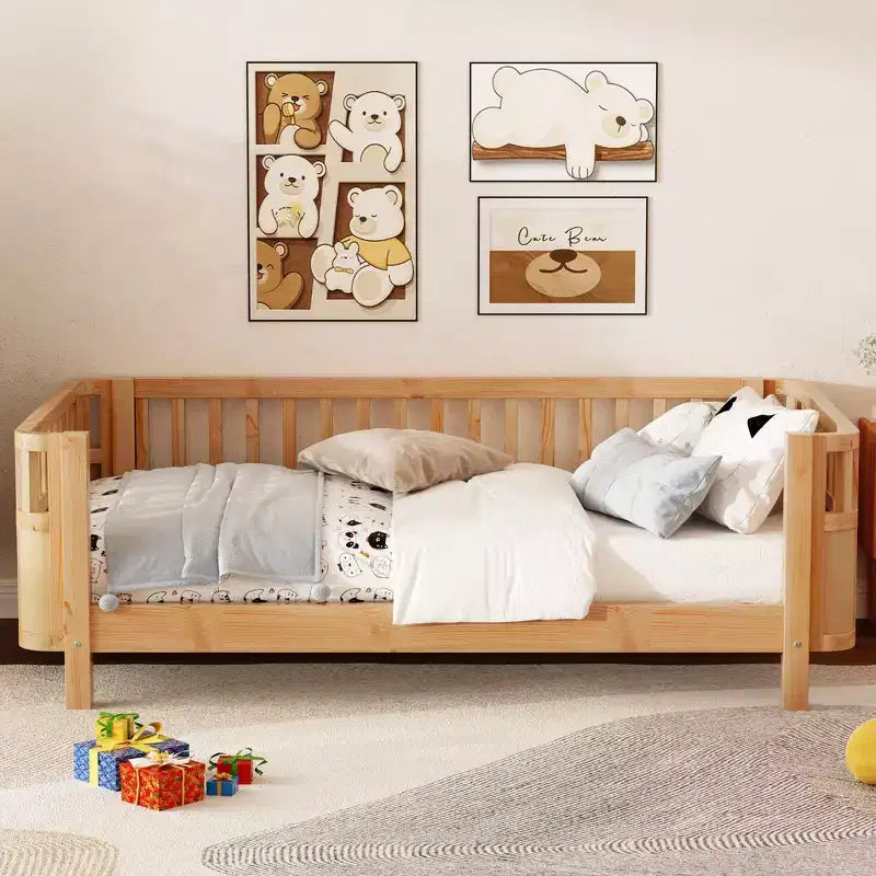 Lit plateforme double Whisen avec barrières pour filles et garçons, cadre en bois robuste