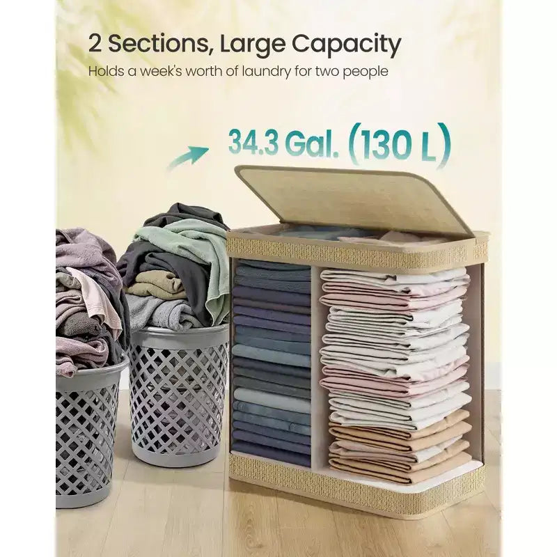 Panier à linge à 2 compartiments avec sacs amovibles et lavables, rangement en bambou de 130 litres avec couvercle, couleur naturelle