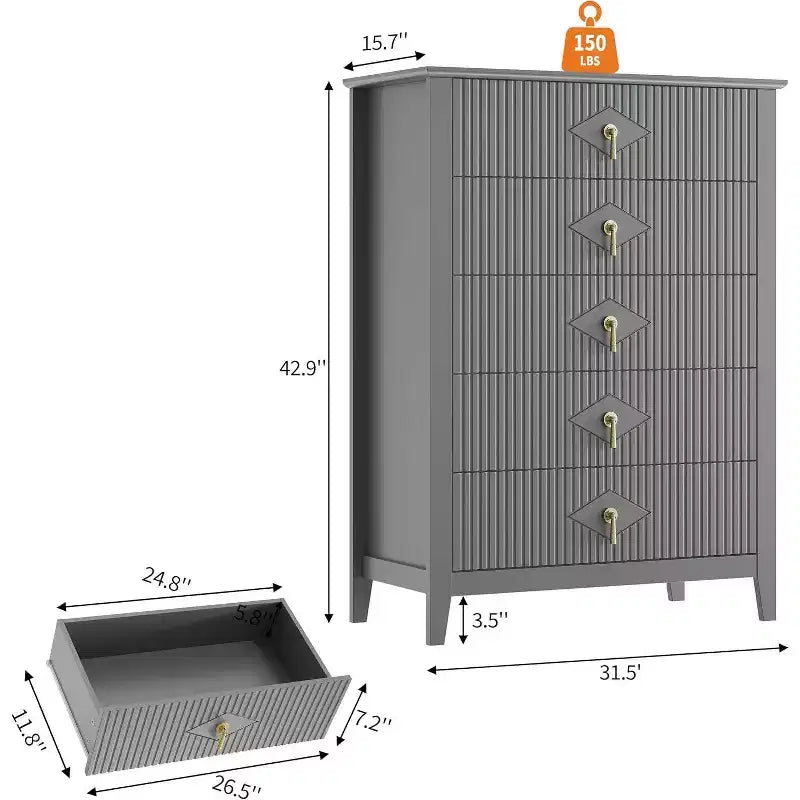 Commode cannelée à 6 tiroirs de 54 po – Armoire de rangement en bois moderne pour chambre et salon