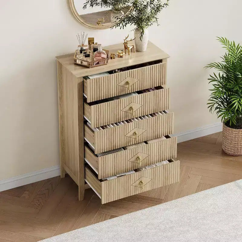 Commode cannelée à 6 tiroirs de 54 po – Armoire de rangement en bois moderne pour chambre et salon