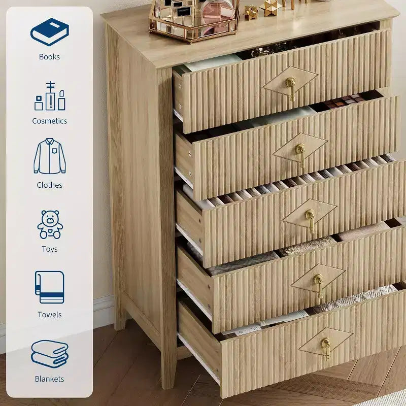 Commode cannelée à 6 tiroirs de 54 po – Armoire de rangement en bois moderne pour chambre et salon