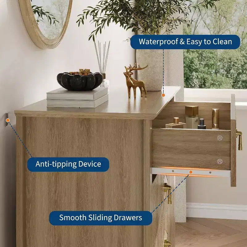 Commode cannelée à 6 tiroirs de 54 po – Armoire de rangement en bois moderne pour chambre et salon