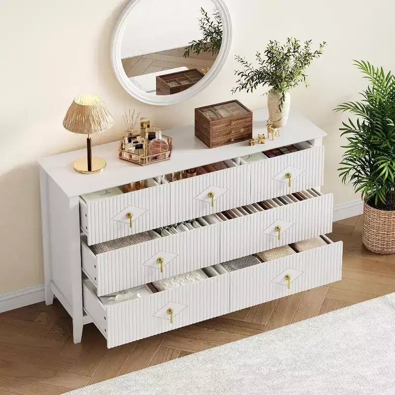 Commode à 7 tiroirs cannelés de 54 po – Armoire de rangement moderne en bois pour chambre et salon