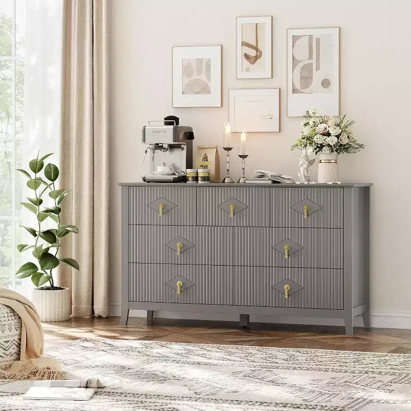 Commode à 7 tiroirs cannelés de 54 po – Armoire de rangement moderne en bois pour chambre et salon