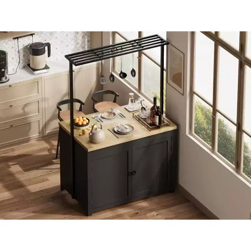 Meuble îlot de la série PB : 104 cm, corps blanc vintage avec plateau en bois naturel, idéal pour le rangement de cuisine et l'utilisation dans la salle à manger
