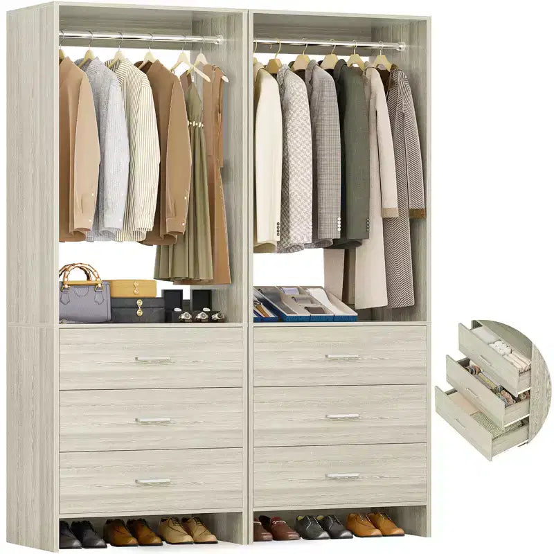 Système d'organisation de placard Besiost avec tiroirs en bois, armoire autoportante avec tringle à vêtements
