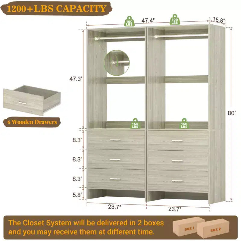 Système d'organisation de placard Besiost avec tiroirs en bois, armoire autoportante avec tringle à vêtements