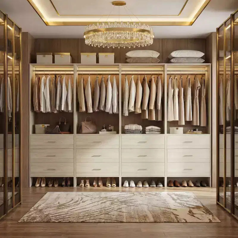 Système d'organisation de placard Besiost avec tiroirs en bois, armoire autoportante avec tringle à vêtements