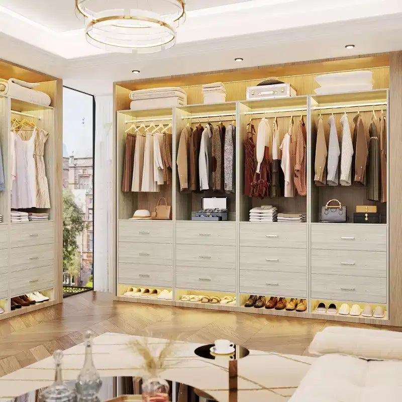 Système d'organisation de placard Besiost avec tiroirs en bois, armoire autoportante avec tringle à vêtements