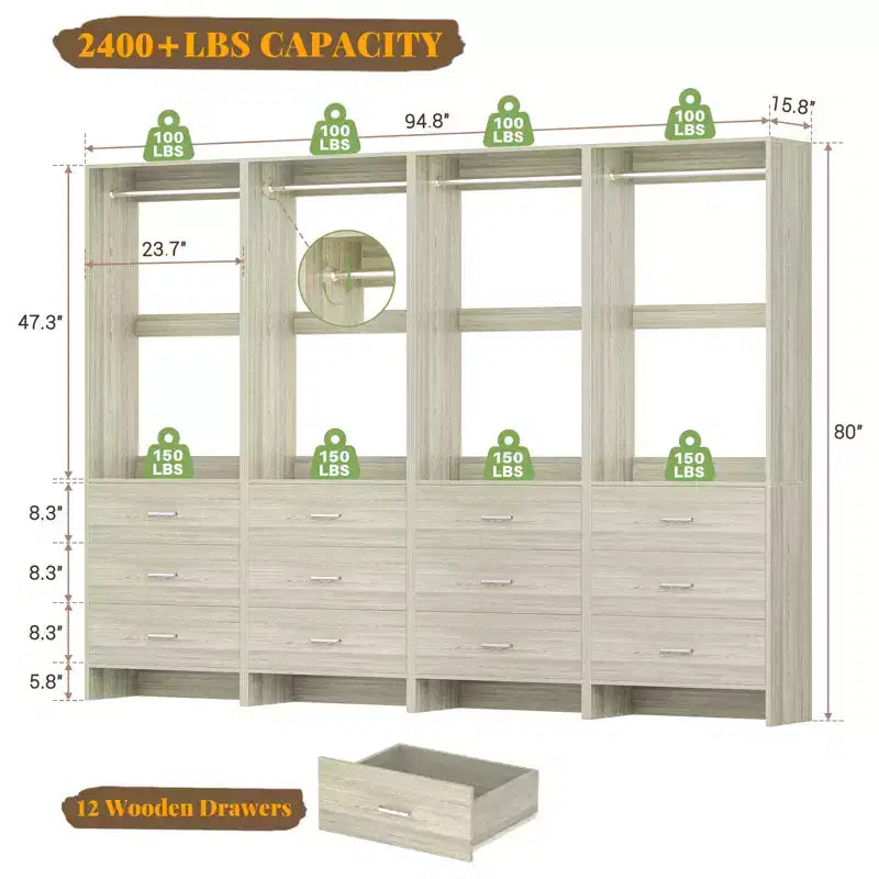 Système d'organisation de placard Besiost avec tiroirs en bois, armoire autoportante avec tringle à vêtements