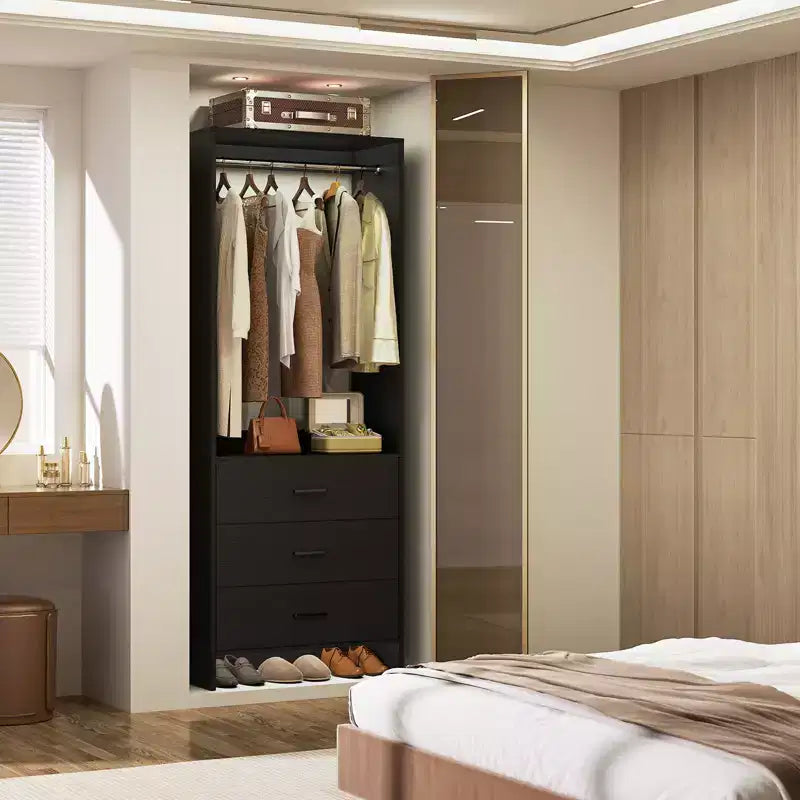 Système d'organisation de placard Besiost avec tiroirs en bois, armoire autoportante avec tringle à vêtements